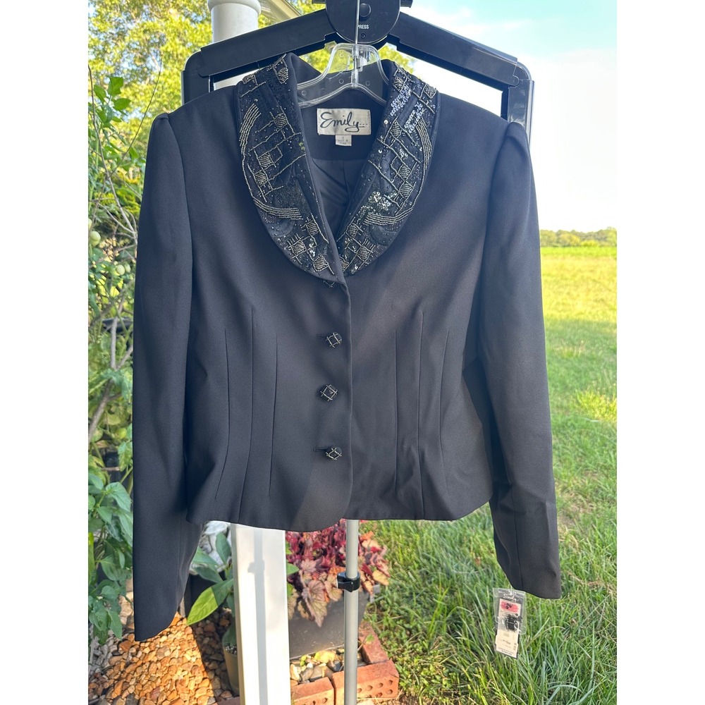 Emily Women's Black Beaded Sequin Collar Skirt Suit Set Size 12 Formal Evening